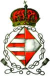 diamond shaped coat of arms with red and white stripes and a crown above