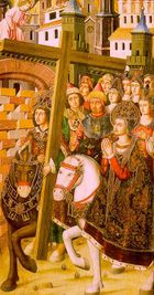 15th century, Spanish, medieval painting showing Heraclius on a horse returning the True Cross to Jerusalem, anachronistically accompanied by Saint Helena
