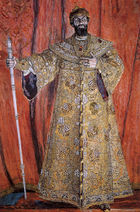A large man wearing a gold embroidered robe and a crown, carrying a large staff