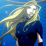 Anime of the upper bust of a young blond woman. She is wearing a body suit and gloves. Her hair is long and seems to be moving to the left.