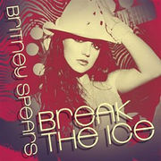 Upper bust of a brunette woman. She is looking into the camera with a serious face. She is wearing a sparkly transparent dress, a jeweled bracelet in her right hand and a white hat in her head. Her right hand is holding her hat. Her head is slightly tilted to the right. Her hair is falling over her left shoulder. The picture is colored in a washed-up flavescent yellow, with the background mixed with maroon stripes. In the left of the picture in vertical style, the words "Britney Spears" are written in a mix of flavescent yellow capital and small letters. In the lower center of the picture, the words "Break the Ice" are written in a similar style.