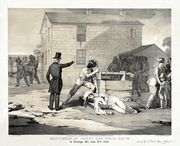 Smith lies dead in front of a building with the second-floor window open