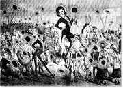 A Satirical cartoon shows a dandy figure, fancily dressed in a long coat and breeches, floating across the crowd in a tightly packed ballroom. Keller cartoon from the Wasp of San Francisco depicting Wilde on the occasion of his visit there in 1882