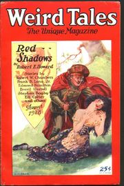 Red bordered magazie cover; the central illustration shows a man holding a supine woman