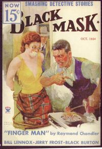 Magazine cover with illustration of a terrified-looking, red-haired young woman gagged and bound to a post. She is wearing a low-cut, arm-bearing yellow top and a red skirt. In front of her, a man with a large scar on his cheek and a furious expression heats a branding iron over a gas stove. In the background, a man wearing a trenchcoat and fedora and holding a revolver enters through a doorway. The text includes the tagline "Smashing Detective Stories" and the cover story's title, "Finger Man".
