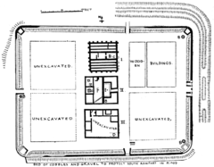 An archaeological drawing of the site of an ancient fort, showing rectangular plan, palisades, corner towers and layout of buildings being excavated