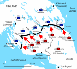 Diagram of the Karelian Isthmus battle illustrates the positions of the Soviet and Finnish troops. The Red Army penetrated dozens of kilometers into Finnish territory, but stopped at the Mannerheim defence line.