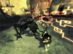 A female imp rides a wolf while running away from a monster.