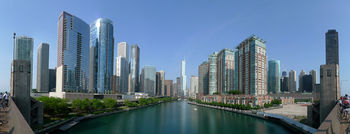 Buildings along the sides of a river in a panorama view