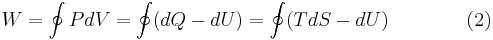 W = \oint PdV = \oint (dQ-dU)= \oint (TdS-dU)
\quad\quad\quad\quad(2)